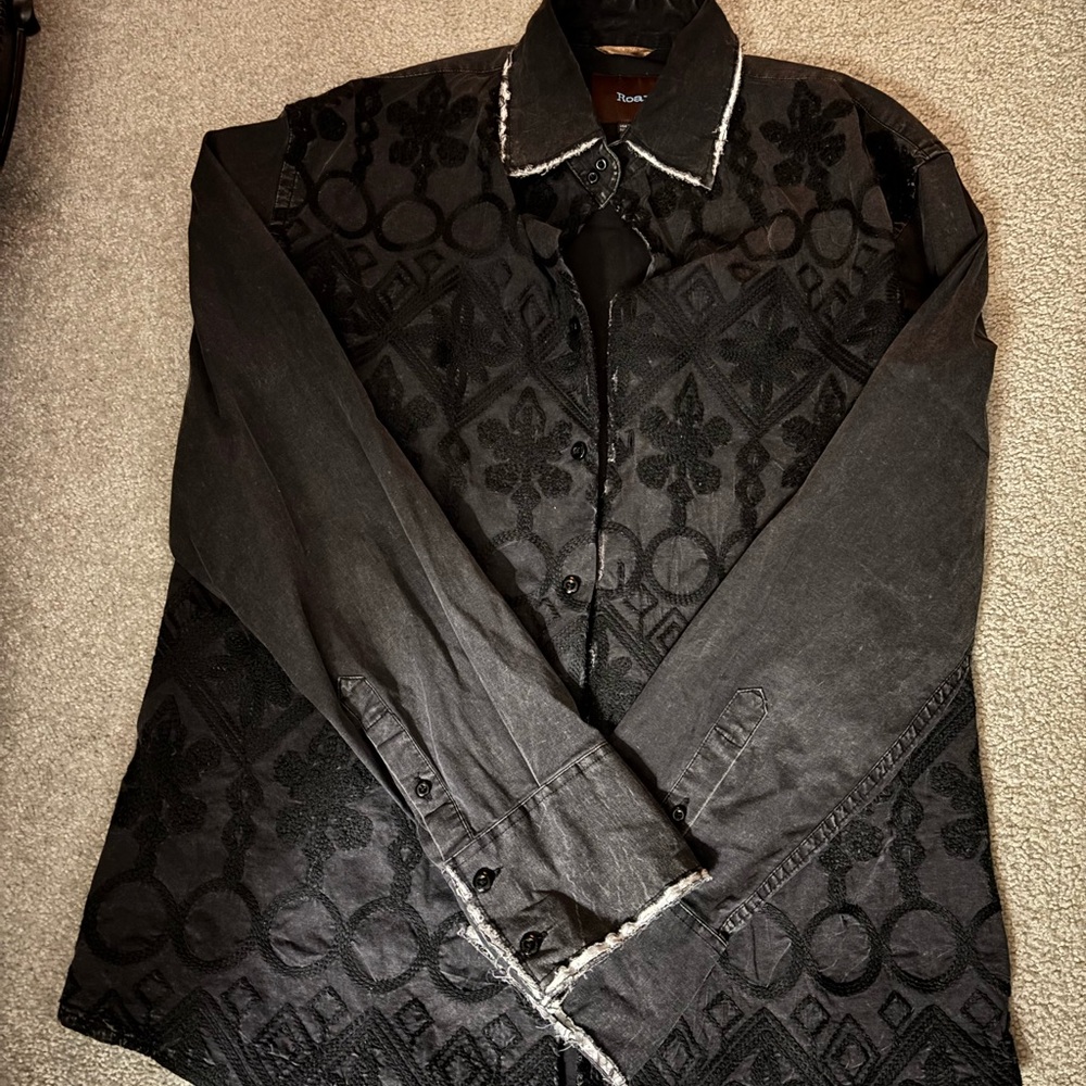Roar Black Lightweight Shirt Jacket with Tonal Pattern